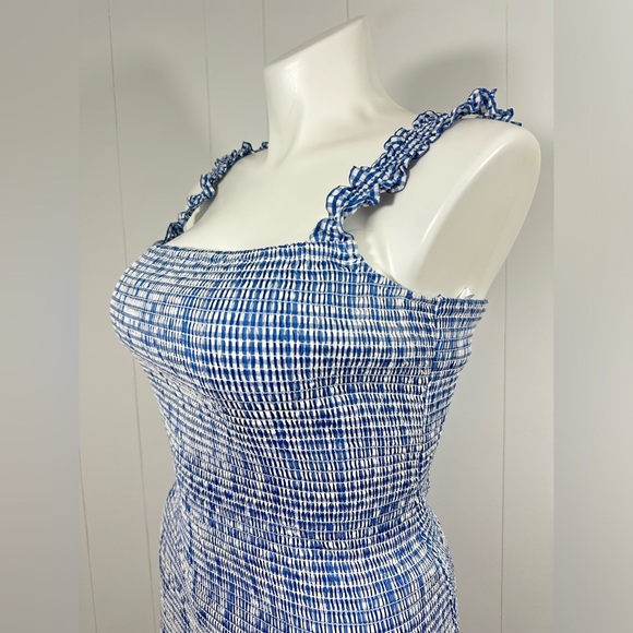 GIANNI BINI SZ XL MIA SMOCKED BLUE GINGHAM RUFFLE STRAP SLEEVELESS MINI DRESS - Picture 4 of 14